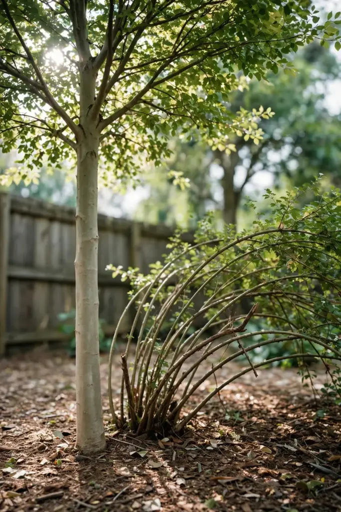 Small tree with one trunk and canopy beside a multi stemmed shrub