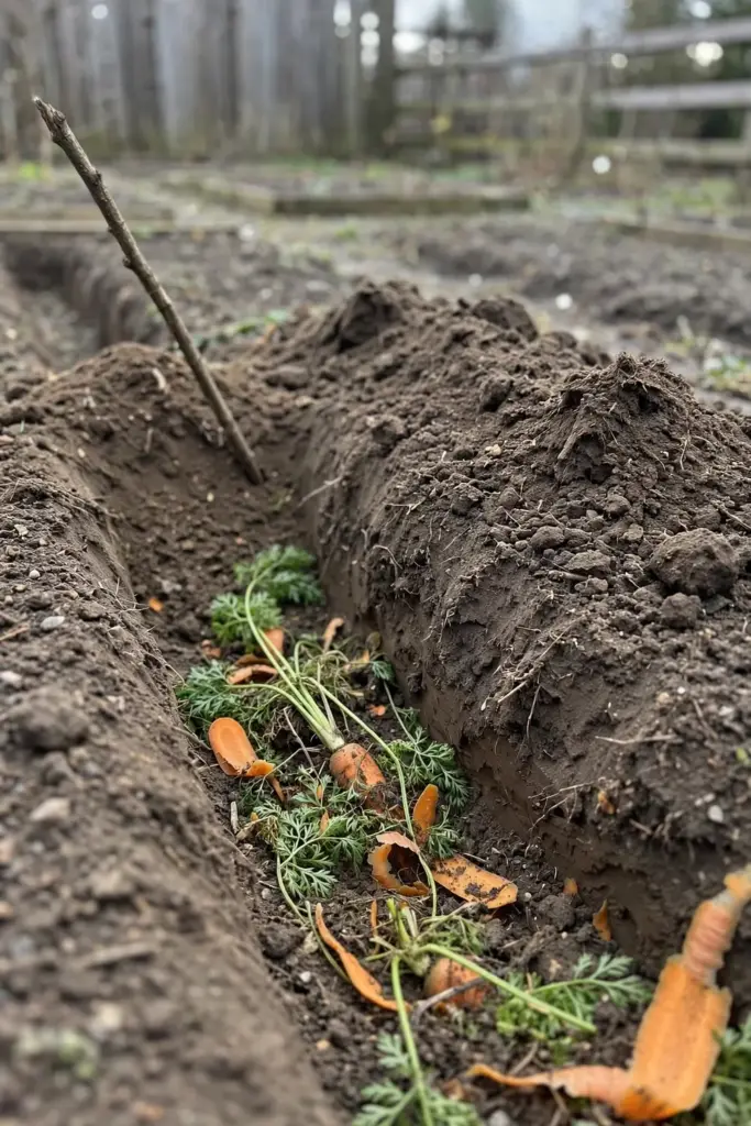 Open trench in an empty bed with vegetable scraps and a marker stick
