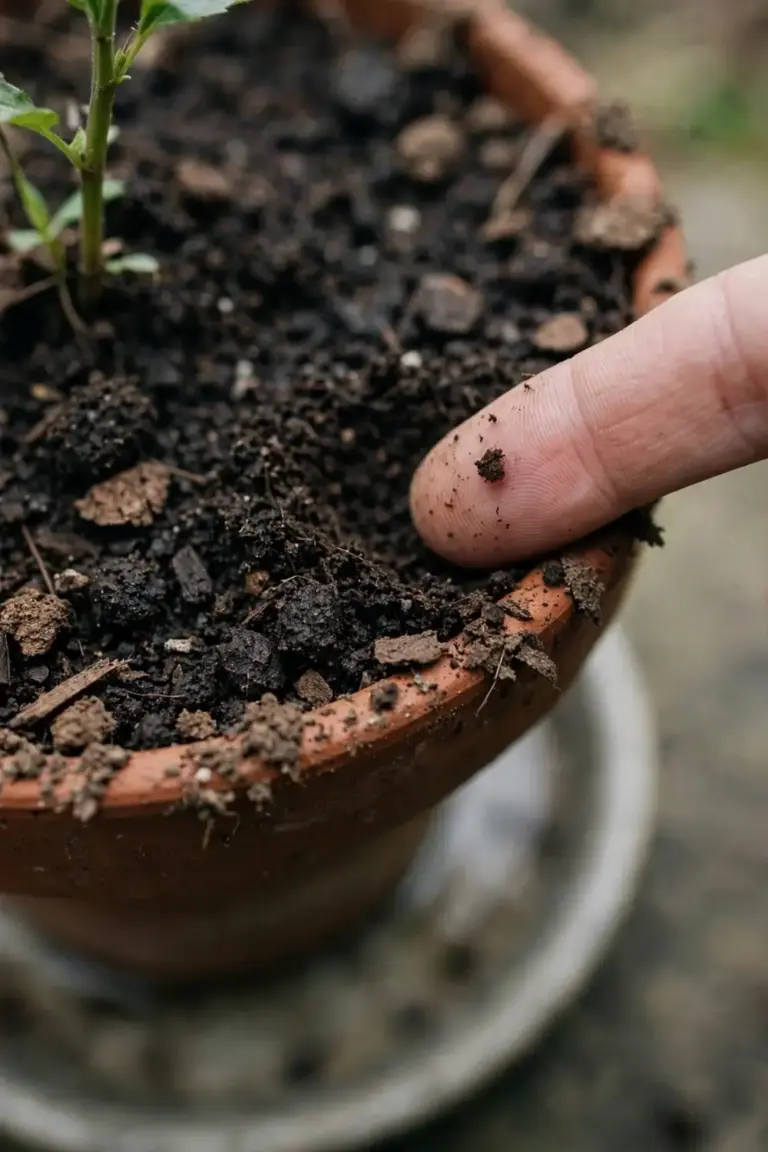 Finger pressed into potting mix to test soil moisture in a pot