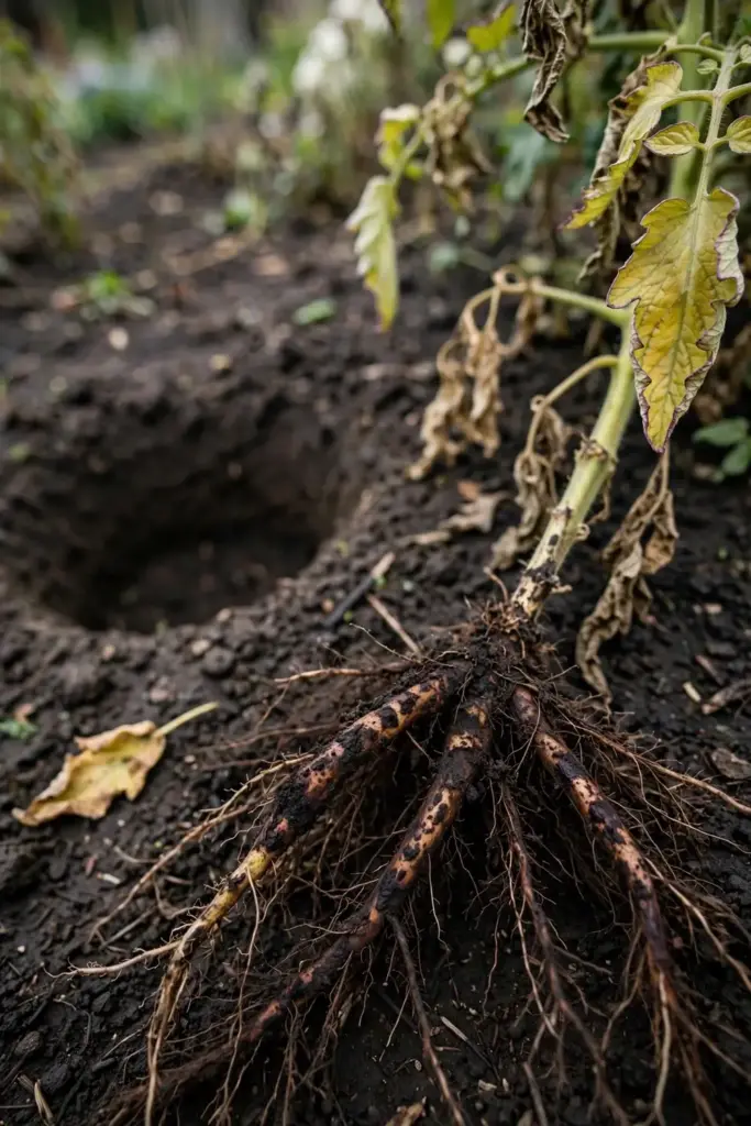 Pulled tomato plant with lesioned roots lying beside its empty hole.