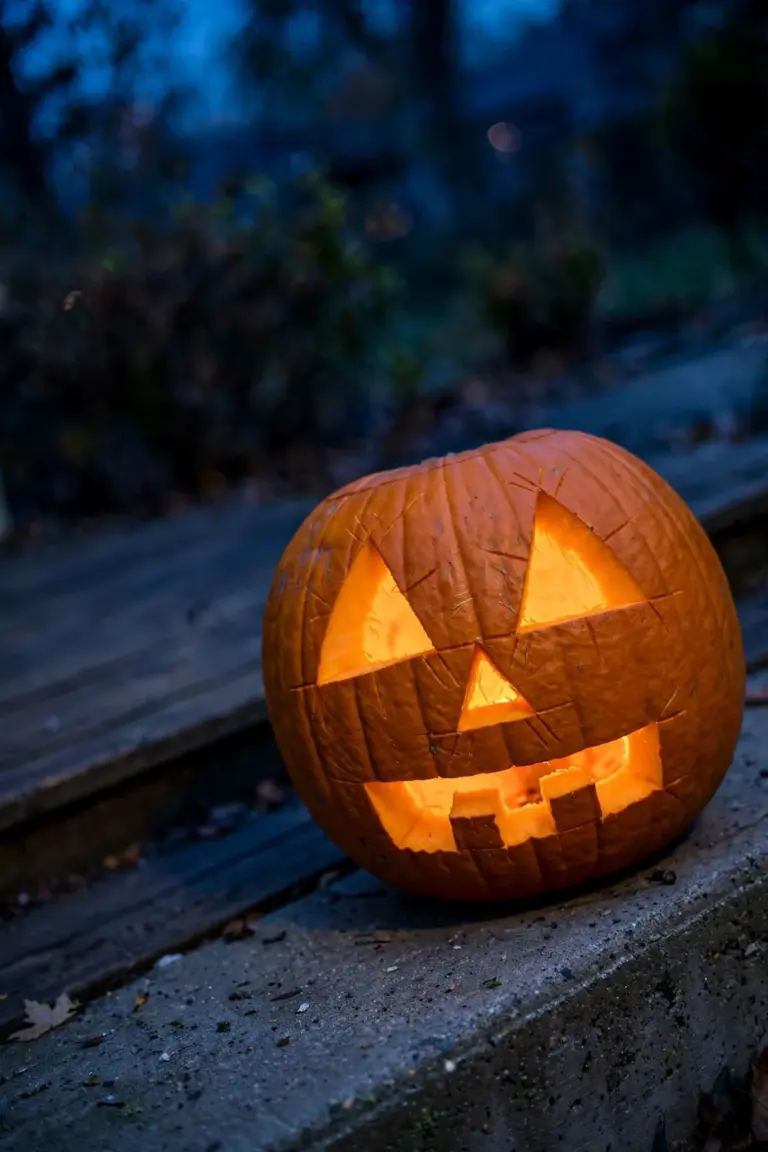 Beginner jack-o'-lantern with triangle eyes, a triangle nose and a rectangle mouth with two teeth, glowing on a step