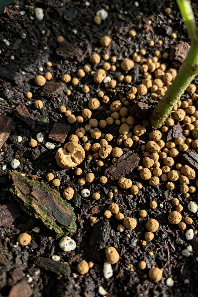 Macro of biological granules scattered over dark fresh potting mix.