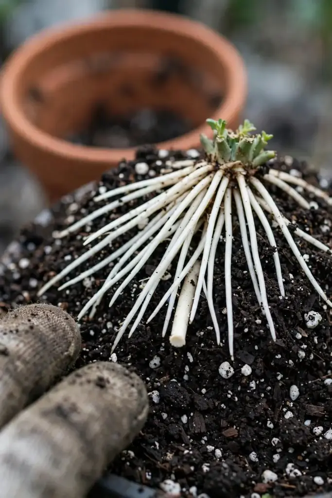 Trimmed white healthy roots over fresh potting mix, held in a gloved hand.