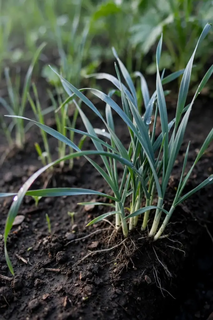 Triticale seedling clump with broad blades in dark garden soil