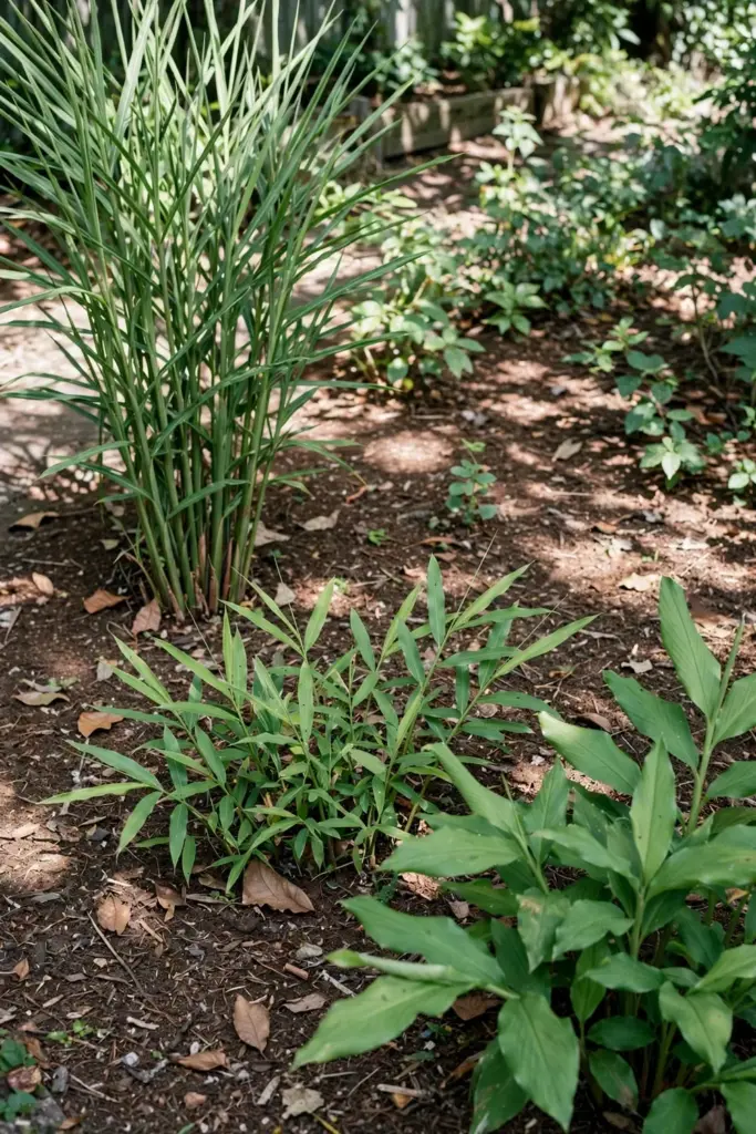 Galangal, ginger, and turmeric growing together in a sunny garden corner
