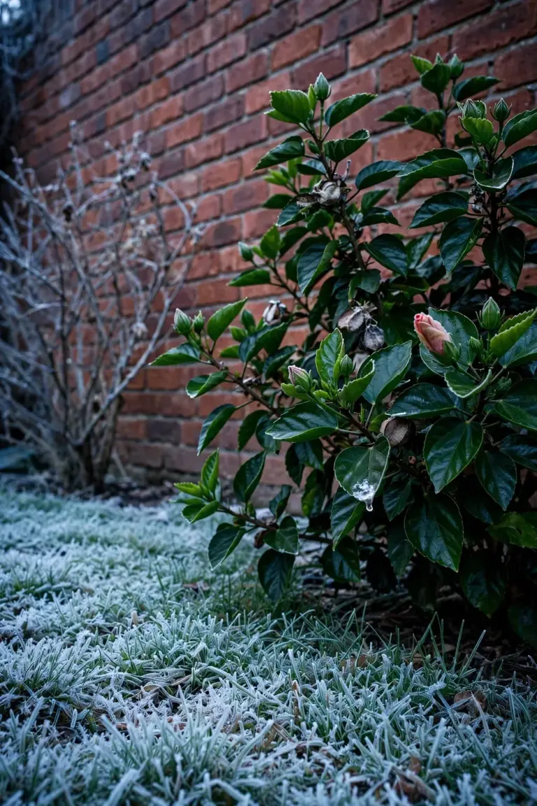 Tropical hibiscus shrub planted against a north-facing brick wall on a frosty winter morning