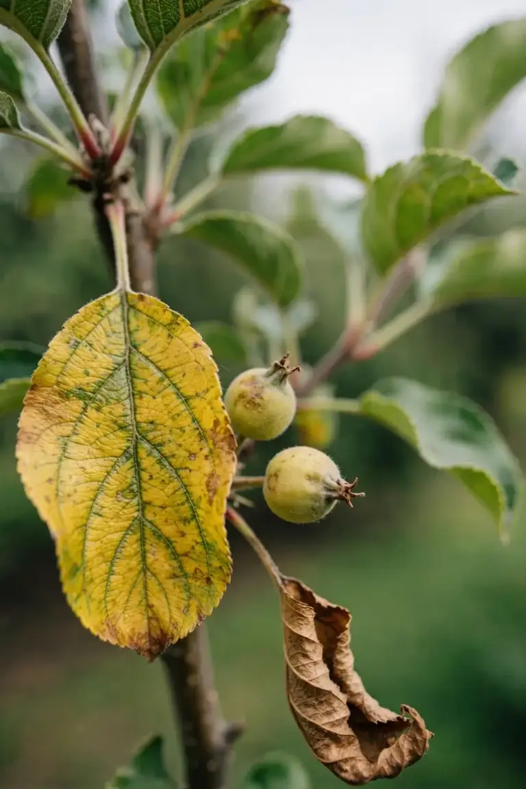 Yellowing apple leaf and small fruit on a stressed branch