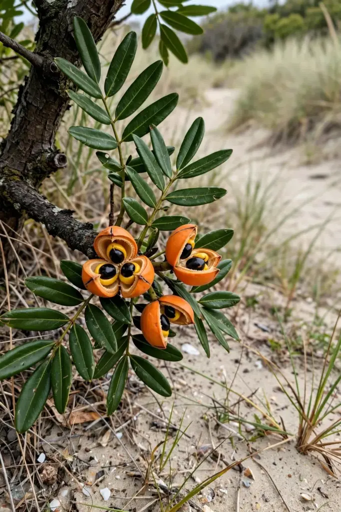 Tuckeroo branch with compound leaves and split orange fruit capsules