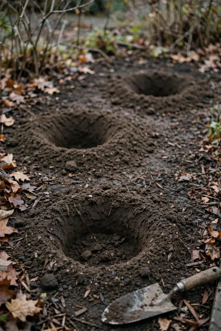 Freshly dug planting holes in a mulched autumn garden bed
