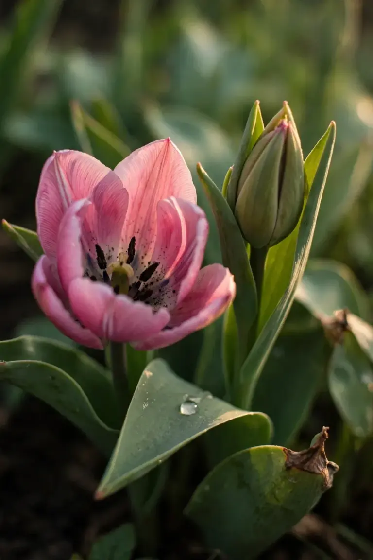 Tulip bloom and unopened bud showing petal texture and pollen