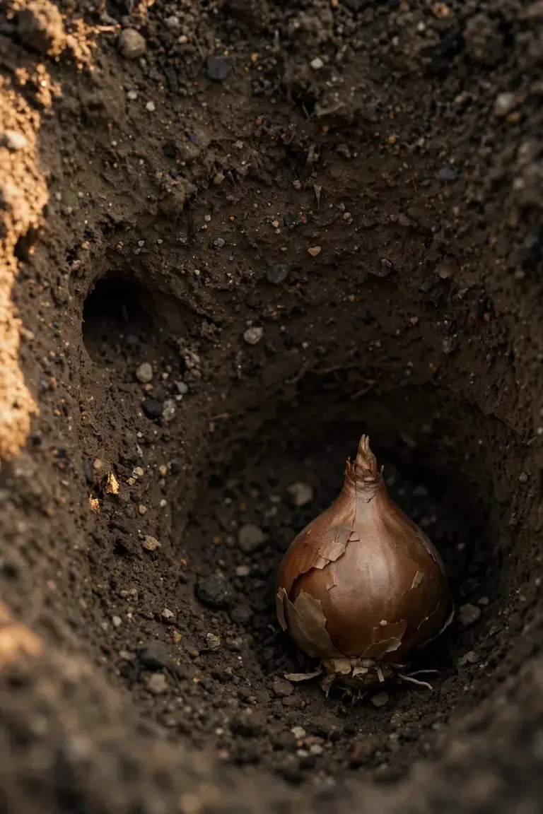 Tulip bulb seated deep in a planting hole, pointed end up