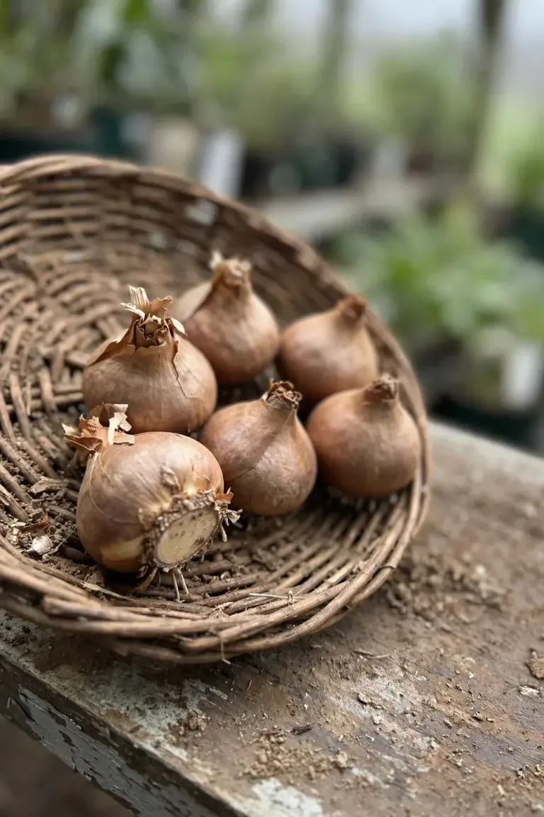 Firm tulip bulbs with intact papery skins in a woven basket
