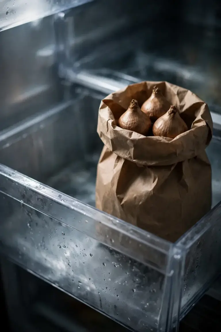 Paper bag of tulip bulbs chilling in a refrigerator crisper drawer