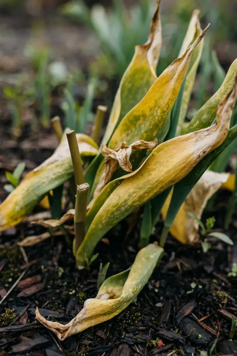 Yellowing tulip foliage with a snipped flower stem after blooming
