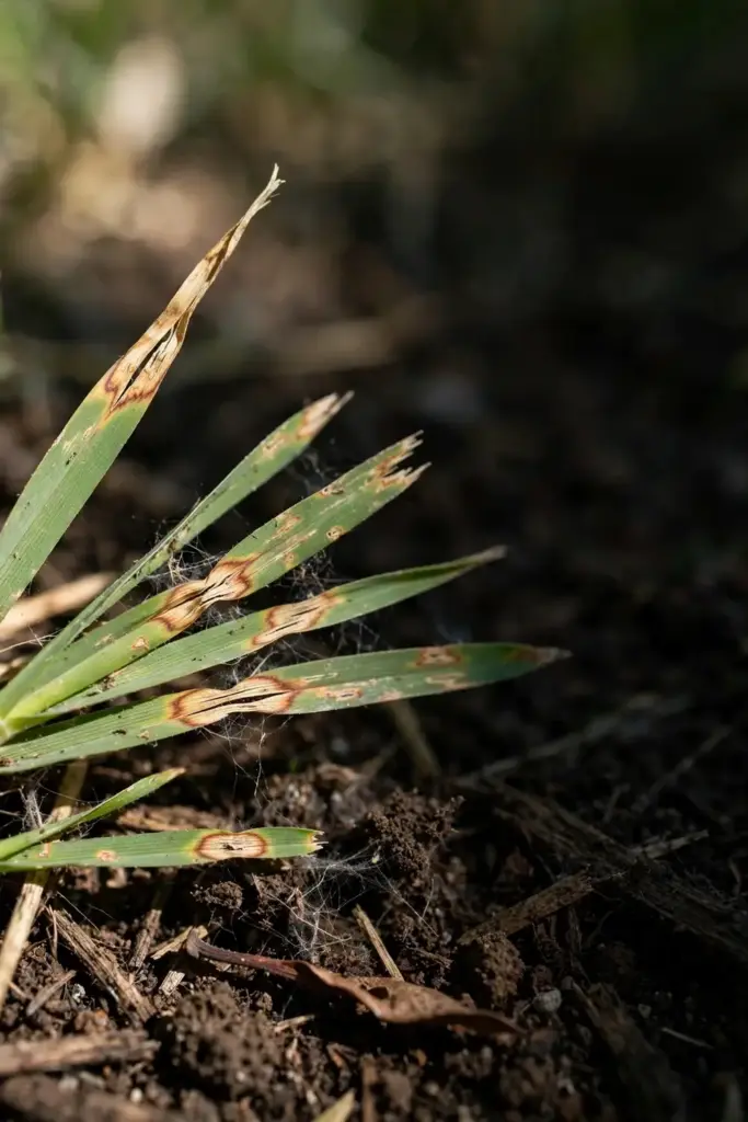 Turfgrass blades with tan dollar spot lesions and reddish-brown borders lying on thatch.