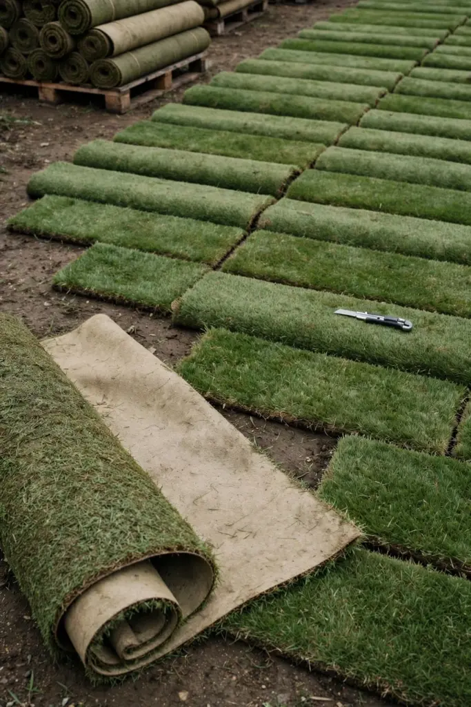 Kikuyu turf rolls being laid in staggered brickwork with tight seams