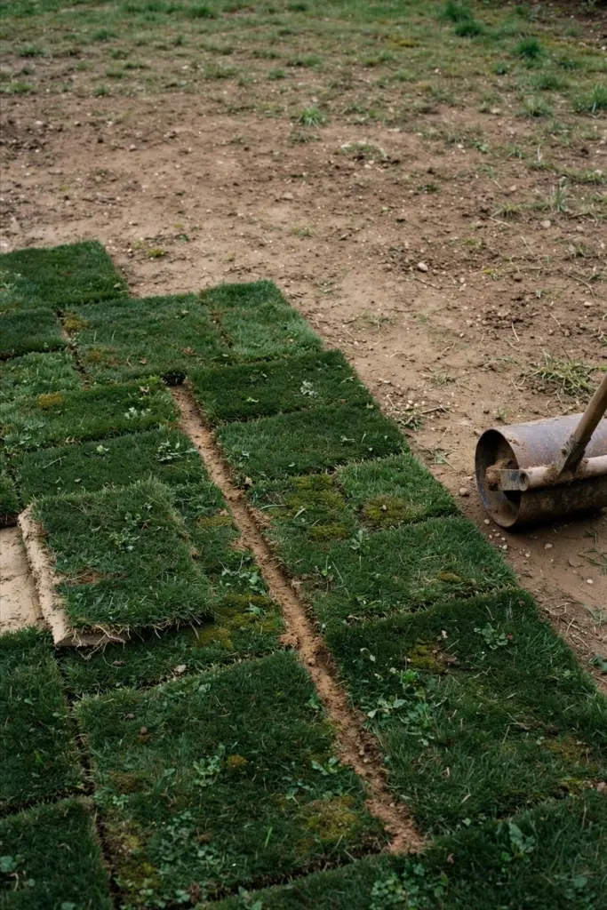 Fresh turf squares laid in brickwork over a large bare patch