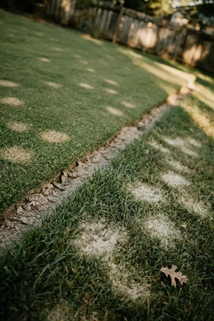 Lawn with fine turf carrying small patches and coarse turf carrying larger pale patches.