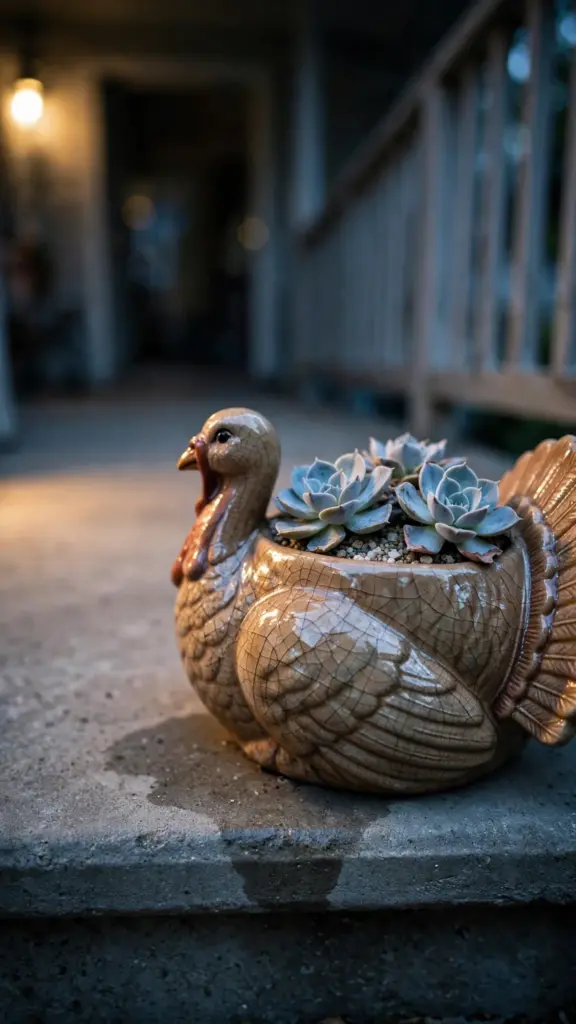 Ceramic turkey planter on a porch step holding echeveria rosettes