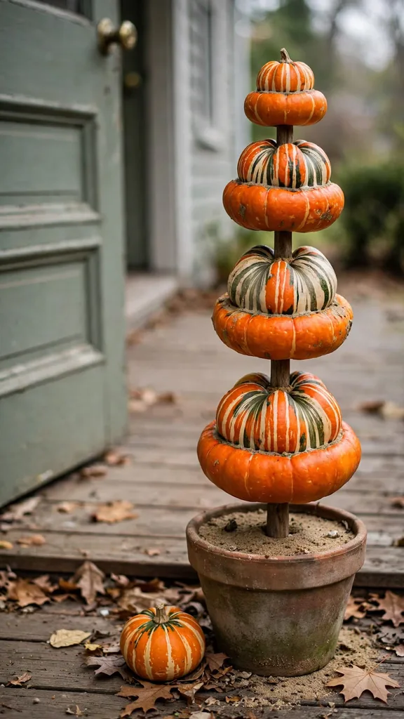 Turk's Turban gourds stacked as a topiary in a clay pot by a front door