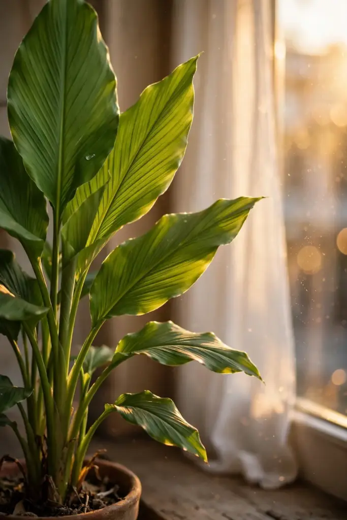Turmeric plant thriving in bright light by a sunny window