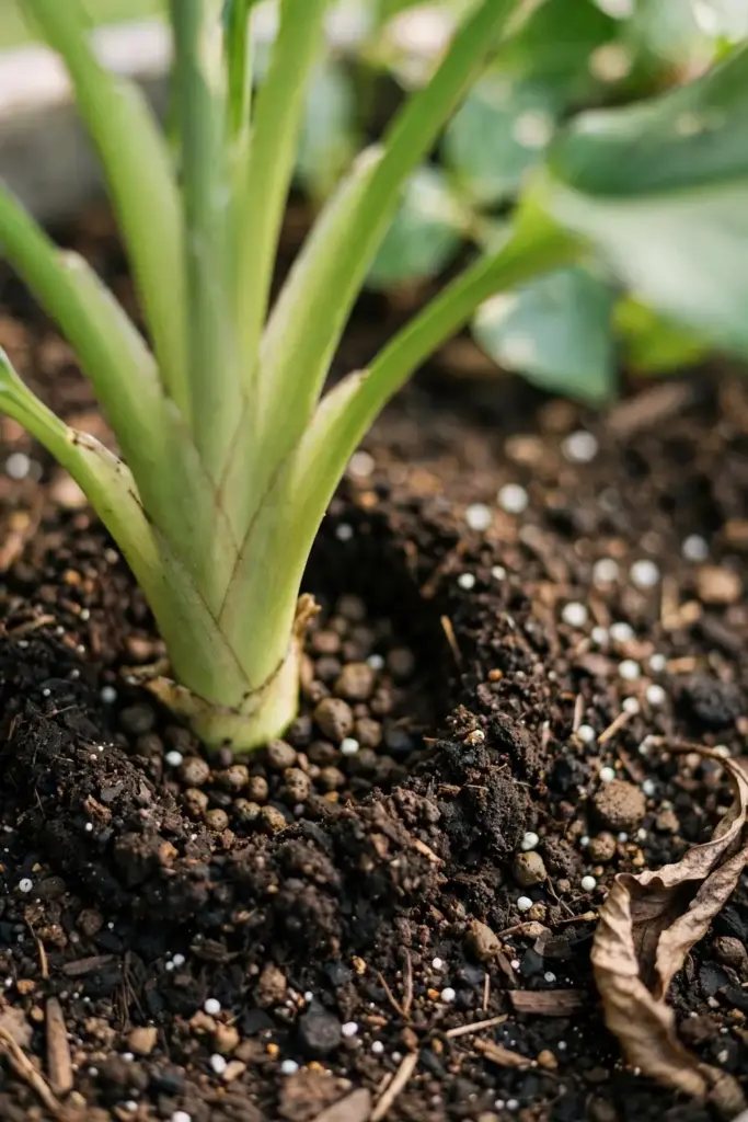 Ring of compost and organic fertilizer granules around a turmeric stem base