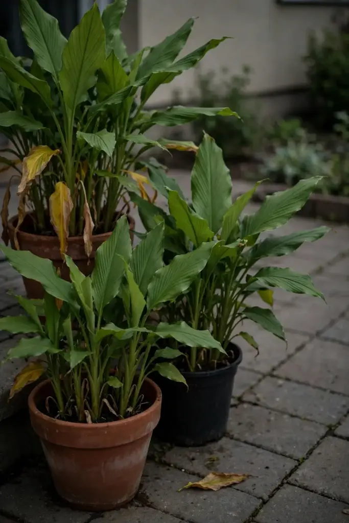 Thriving potted turmeric garden on a patio in late summer