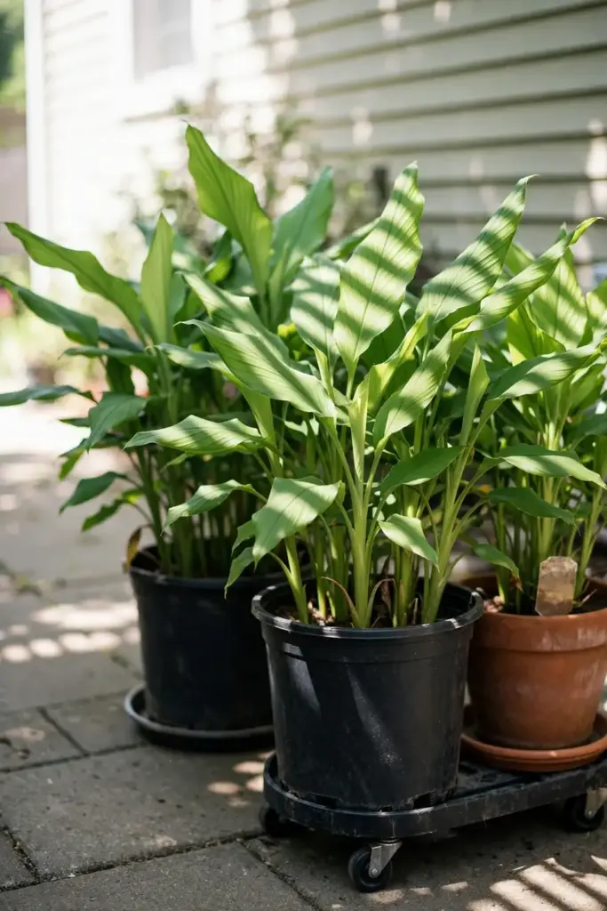 Large pots of lush turmeric on a sunny patio, one on a wheeled plant dolly