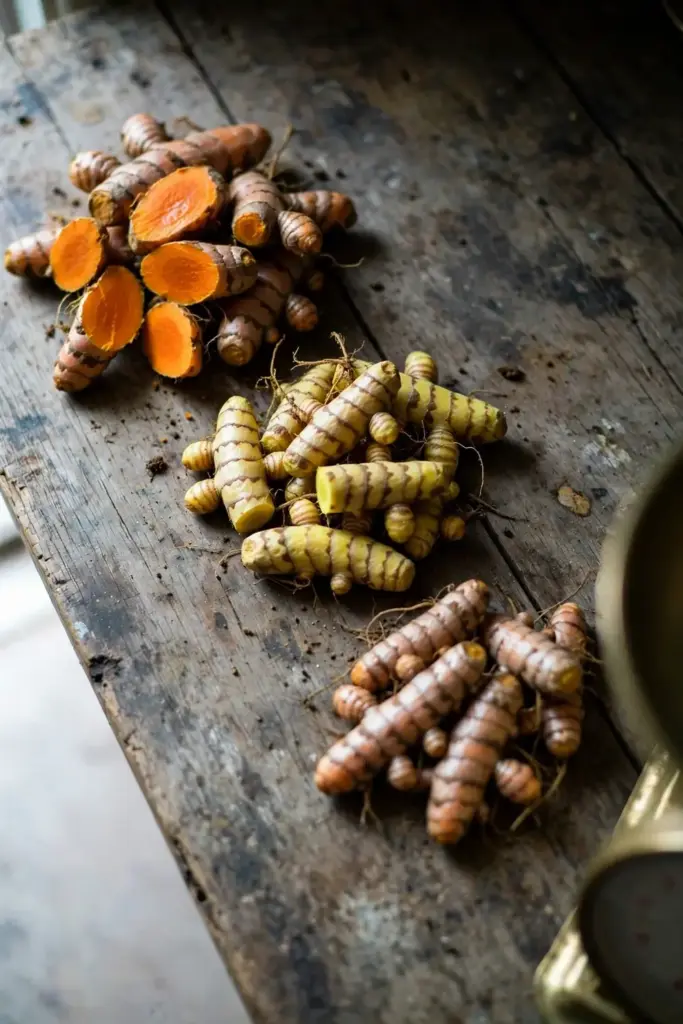 Three piles of turmeric rhizomes, one cut open showing deep orange flesh