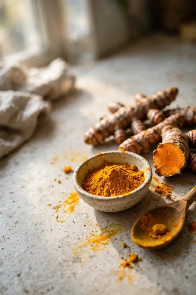Cured turmeric rhizomes beside a bowl of homemade turmeric powder