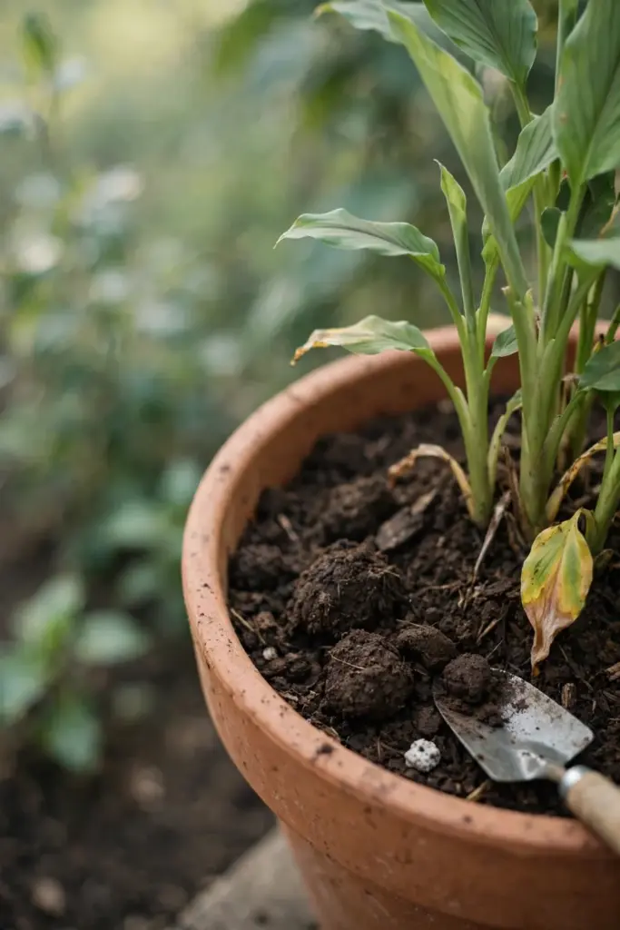 Compost top-dressing around the base of a turmeric plant in a pot