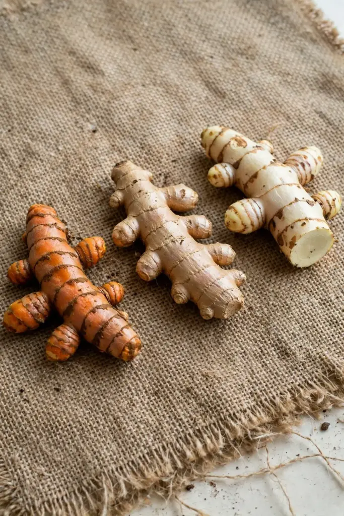 Turmeric, ginger, and white turmeric rhizomes side by side for comparison