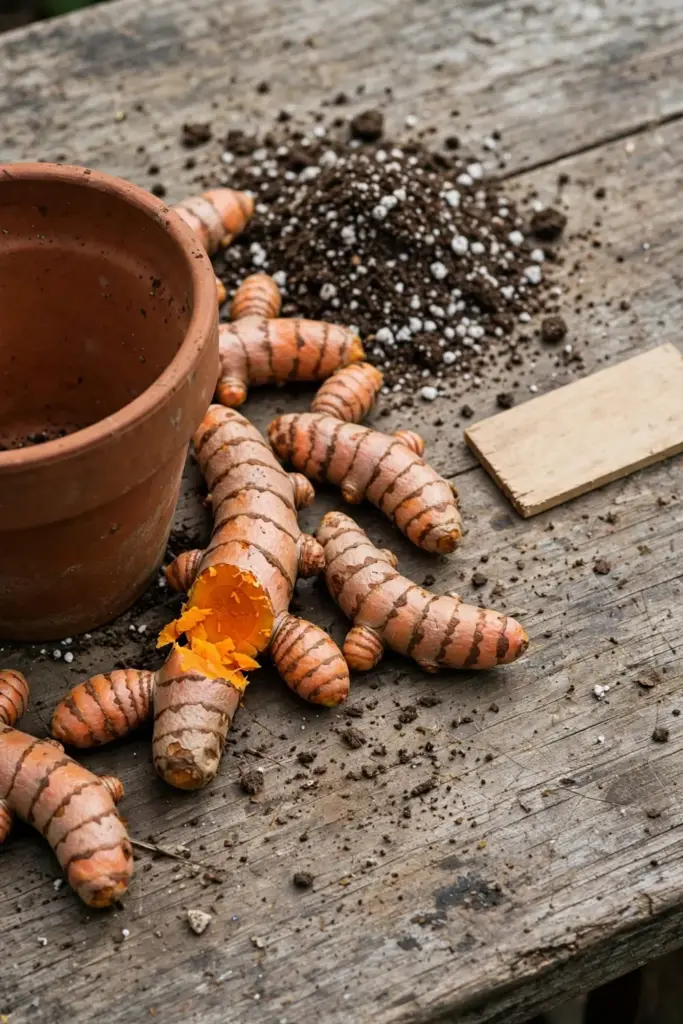 Turmeric growing essentials laid out: rhizomes, wide pot, soil mix, label