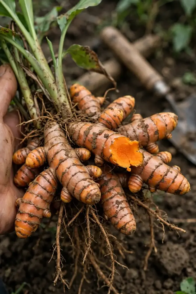 Hand holding a freshly dug clump of homegrown turmeric rhizomes with soil