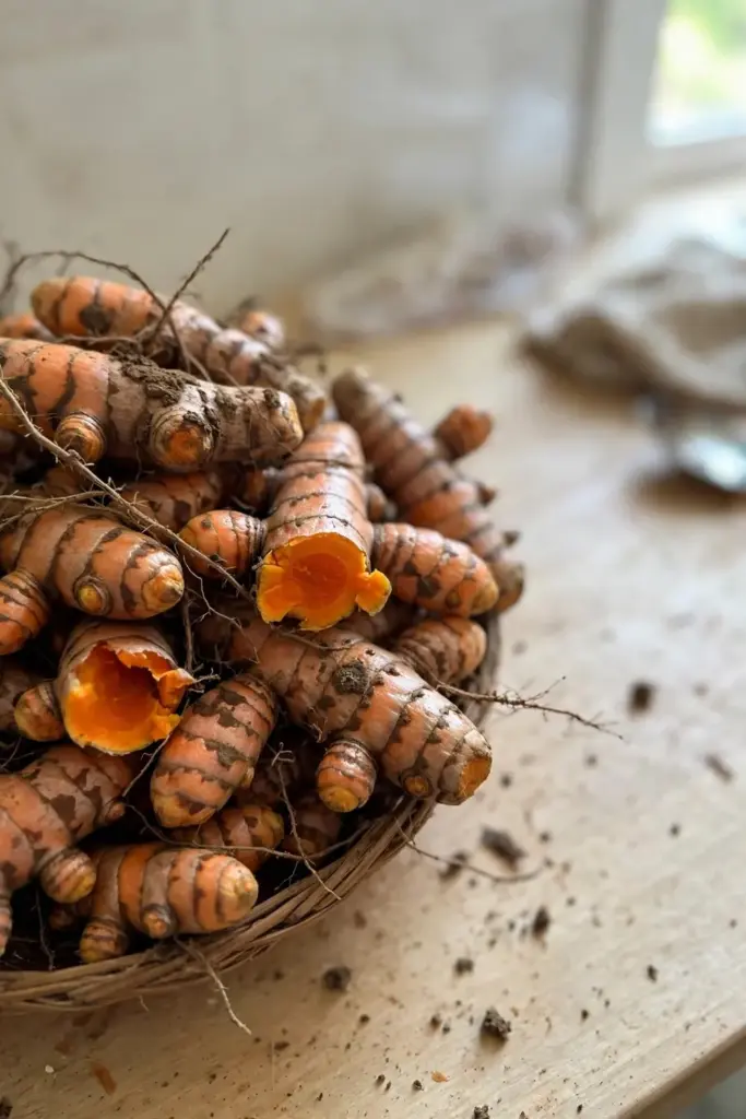 Freshly harvested turmeric rhizomes with deep orange flesh