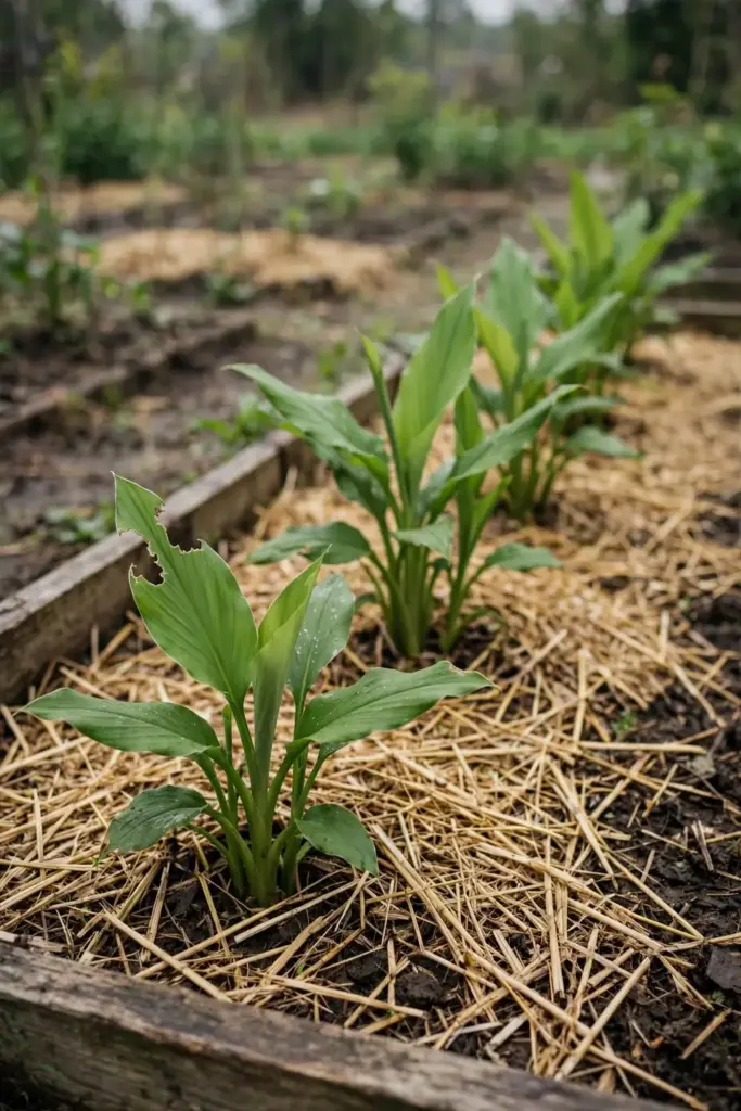 Young turmeric clumps growing in a mulched in-ground garden bed