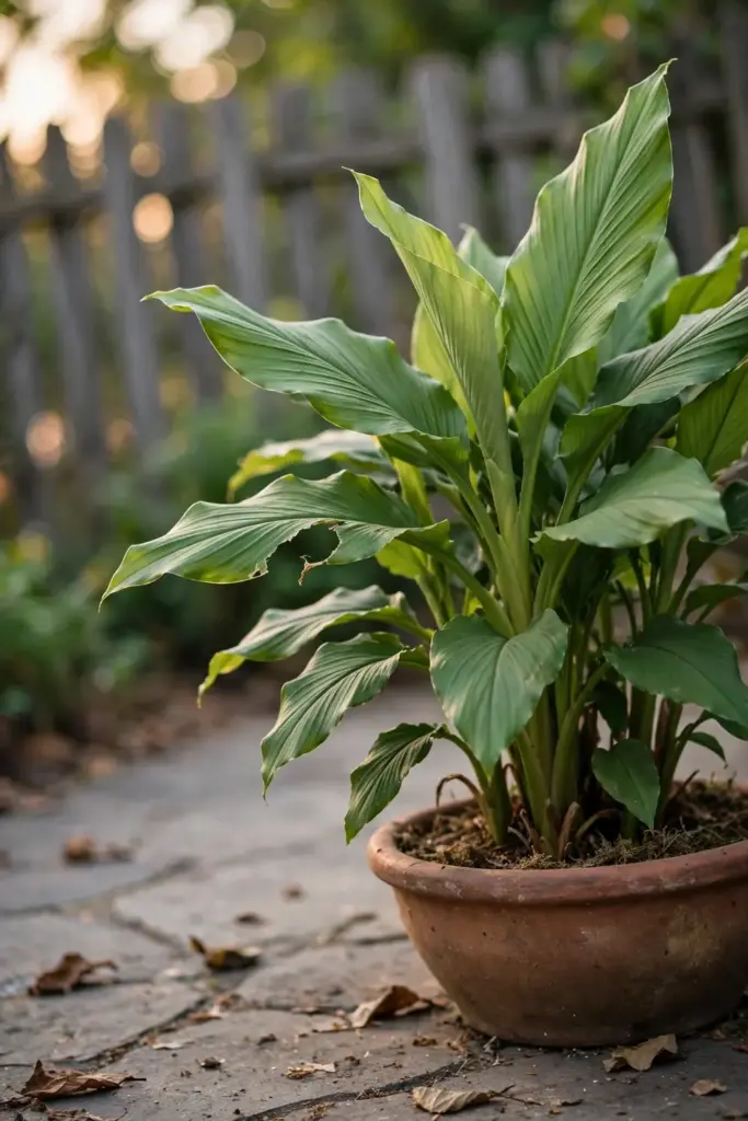 Mature turmeric plant portrait with broad green leaves in a pot