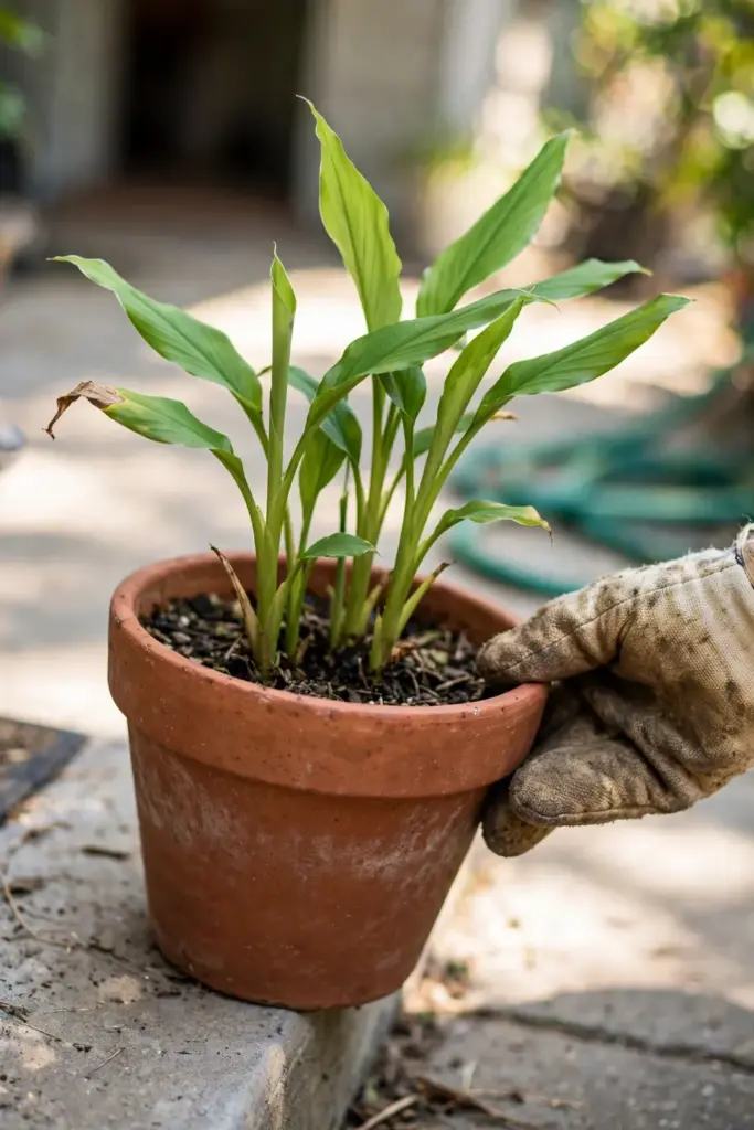 Gardener carrying a potted turmeric plant outdoors to a sunny patio