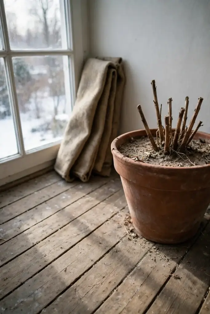 Dormant turmeric pot overwintering in a bright indoor room