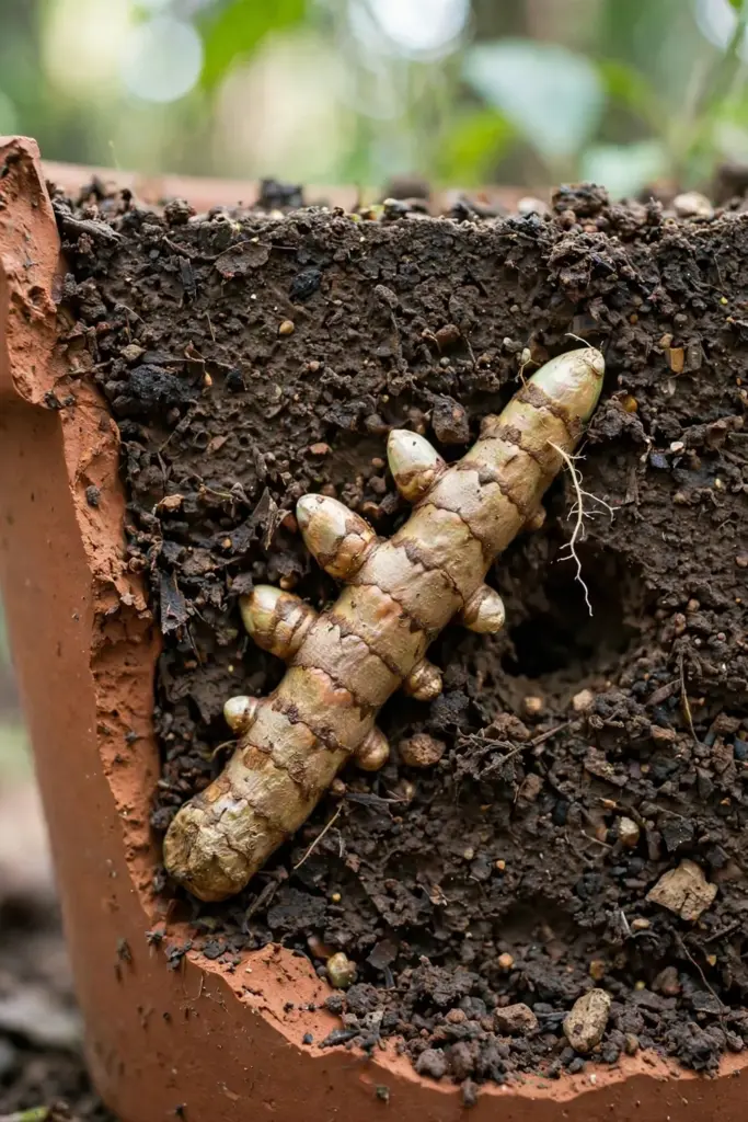 Turmeric rhizome piece planted buds-up just below the soil surface
