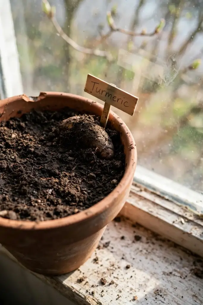 Turmeric pot on a bright windowsill in early spring with a thermometer nearby