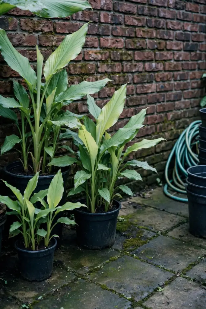 Potted turmeric plants lined against a south-facing brick wall in a northern garden
