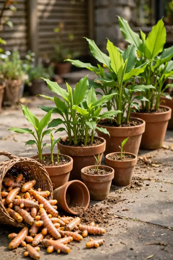 Row of turmeric pots at different growth stages with fresh harvest
