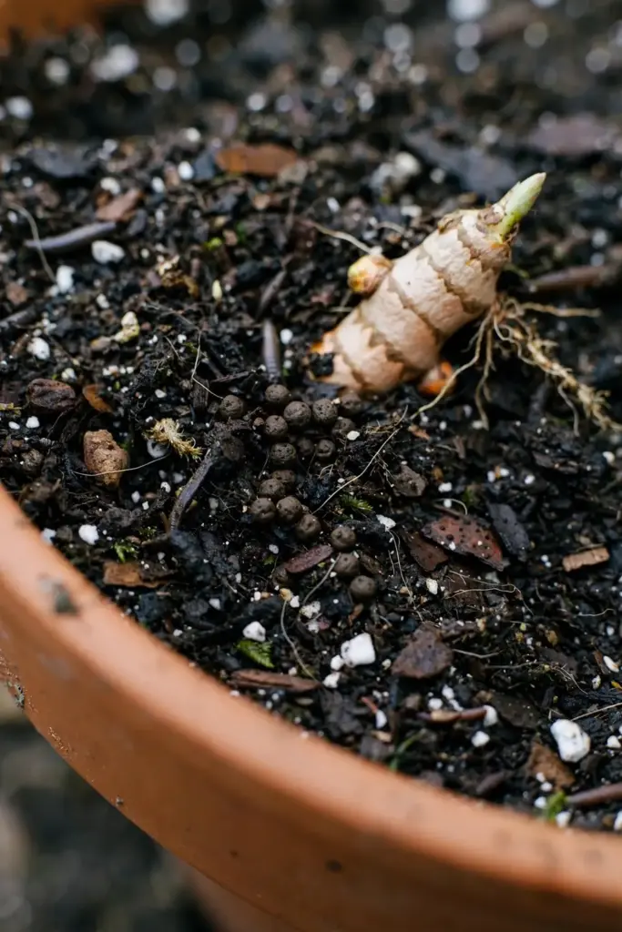Dark crumbly potting mix with a turmeric rhizome piece half-buried in a pot