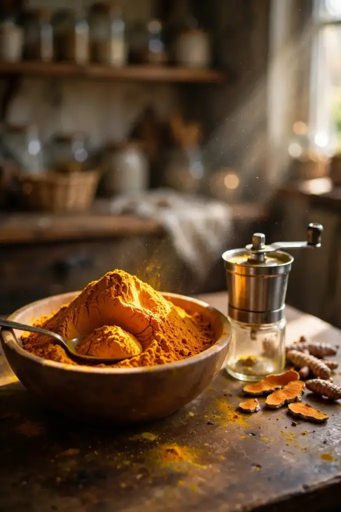 Wooden bowl of freshly ground deep-orange turmeric powder beside a grinder