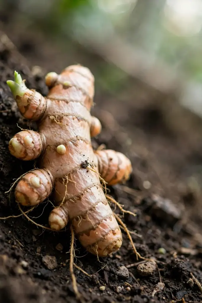 Close-up of turmeric rhizome showing pale growth buds and eyes