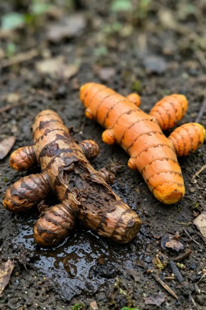 Rotted mushy turmeric rhizome next to a firm healthy one
