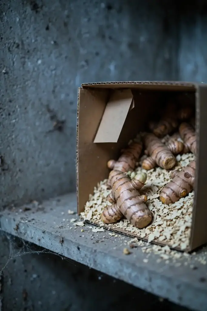 Turmeric rhizomes nestled in vermiculite in a box for winter storage