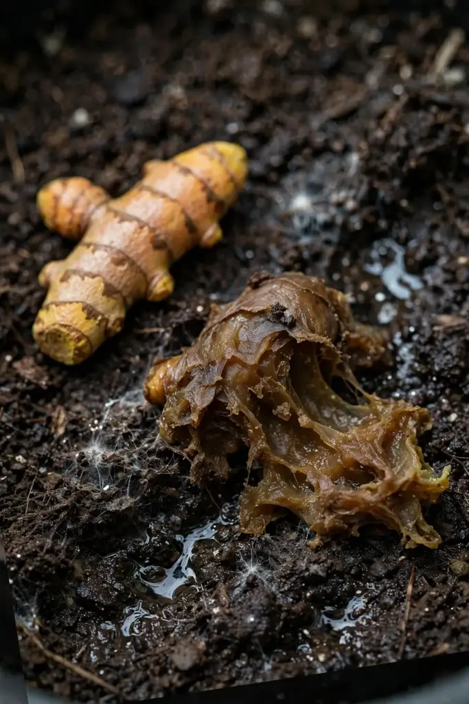 Rotted mushy turmeric rhizome in soggy potting mix, macro view