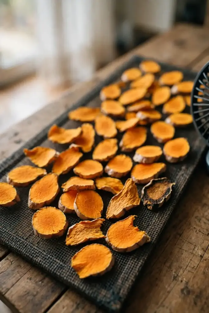 Sliced turmeric rhizomes drying in a single layer on a mesh rack